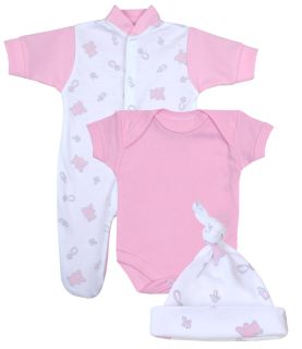 3 Piece Set Sleepsuit, Bodysuit & Hat in Pink Teddy Design 